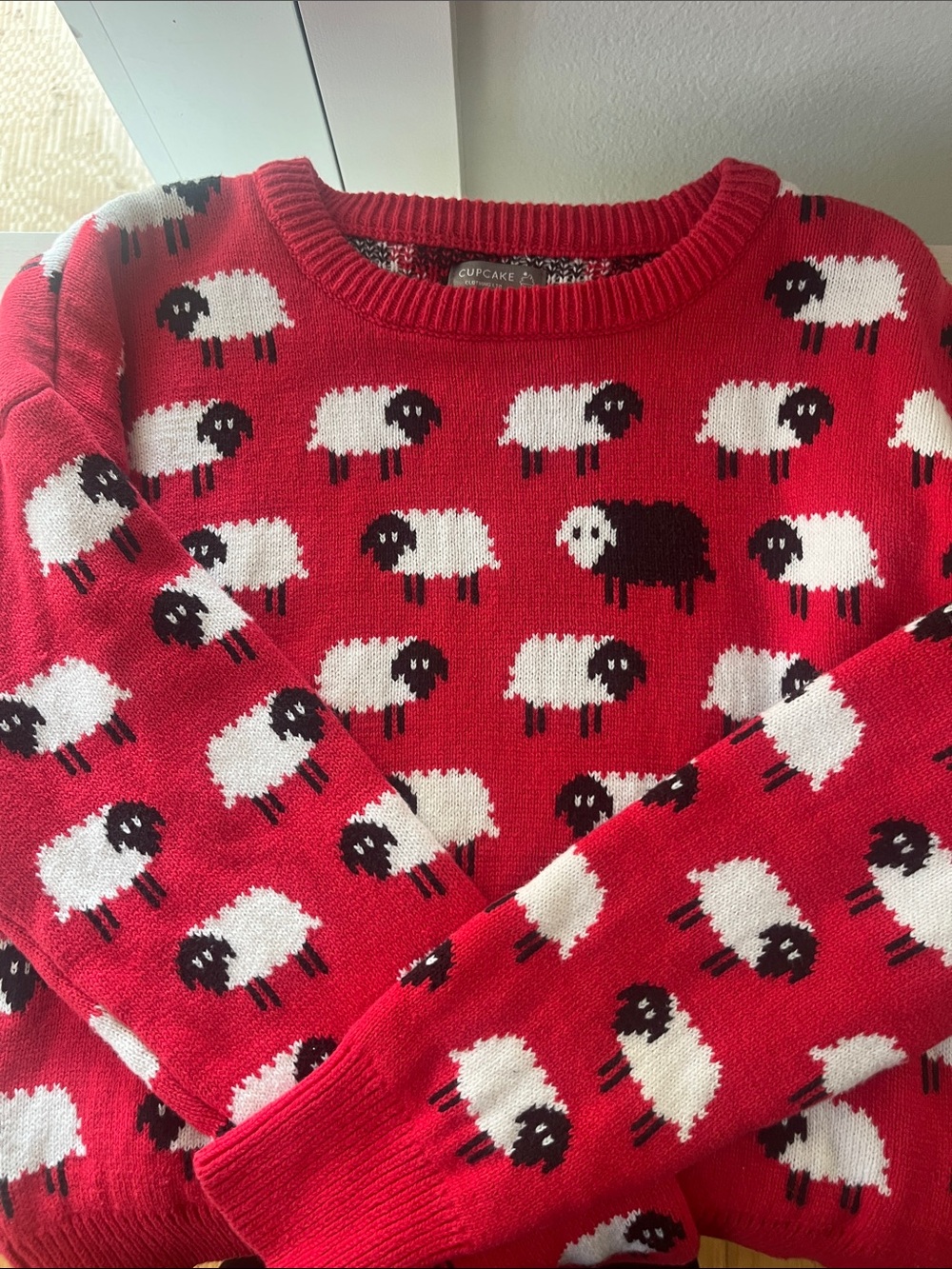 Cake Red Sheep Print Crewneck Sweater - Picture 2 of 7
